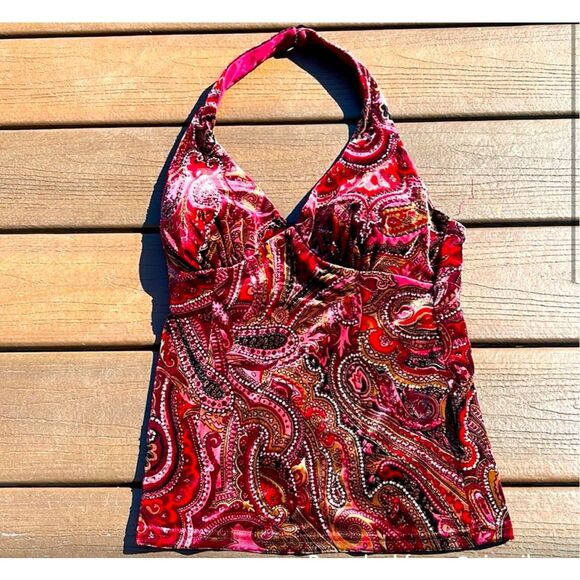 Y2K Cache Paisley Printed Velvet Beaded Halter Top - Picture 1 of 11